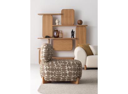 Beiger Sessel, Modern, Abstraktes Muster, 83x85x80 cm, Braunrahmen