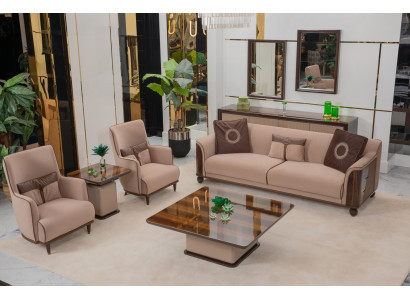 Beiges Wohnzimmer-Set 3-Sitzer Sofa 2x Lehnsessel Holz Couchtisch