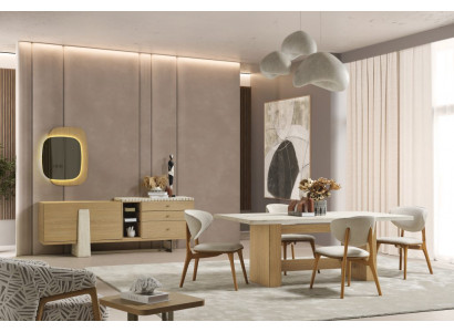 Braun-Weiße Esszimmer Garnitur Edler Esstisch Textilstühle Sideboard