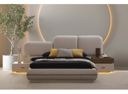 Elegantes Beiges Schlafzimmer-Set Schlafbett 2x Holz Nachttische