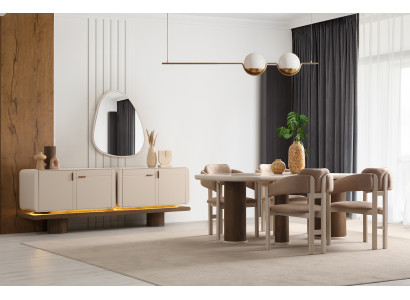 Elegantes Esszimmer Beiges Möbel Set Designer Esstisch 6x Textilstühle
