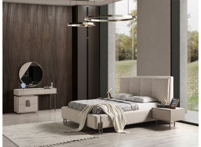 Beiges Luxuriöses Schlafzimmer Set Polsterbett Holz Schminktisch