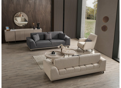 Elegante Beige Wohnzimmer Couchgarnitur Holz Konsole Couchtische