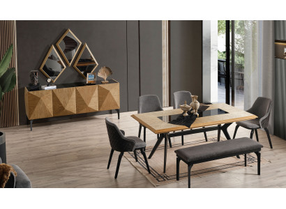 Stilvolles Möbelset Designer Holztisch 4x Polsterstühle Bank Konsole