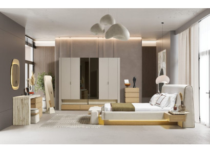 Bett Beige Nachttische Kleiderschrank Schminktisch mit Spiegel Kommode Spiegel