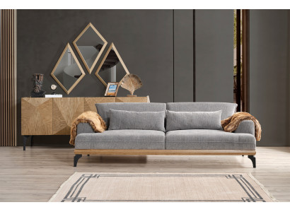 Stilvolle Beige Couchgarnitur Designer 3-Sitzer Holz Konsole Spiegel