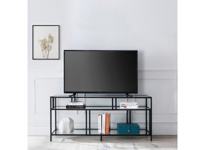 TV-Lowboard mit klaren Glasplatten und schwarzem stabilem Metallrahmen
