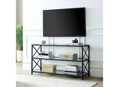 Offener TV-Lowboard aus Glas mit stabilem Metallgestell in rechteckiger Form