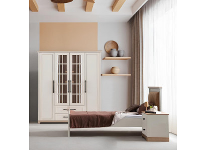 Weißes Jugendzimmer-Set Designer Bett Kleiderschrank Nachttisch