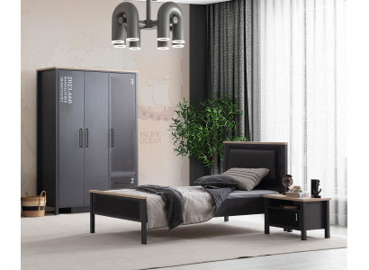 Graues Jugendzimmer-Set Luxuriöses Einzelbett Nachttisch Holzschrank