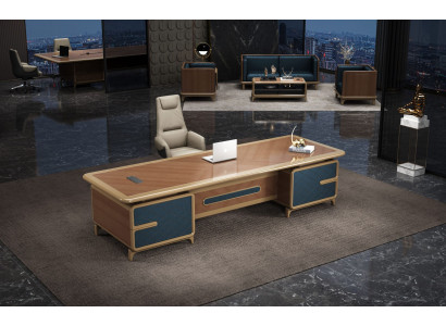 Moderner Schreibtisch in Braun mit stilvollen blauen Akzenten.