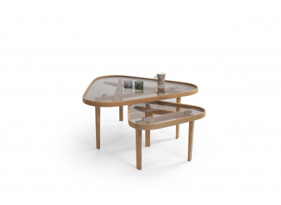 Minimalistische Beistelltische mit Glasplatte und Holzgestell dreieckige Form