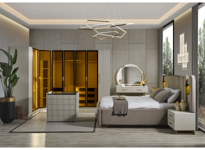 Schlafzimmer Beige Bett 2x Nachttische Kommode Schrank Schminktis Spiegel