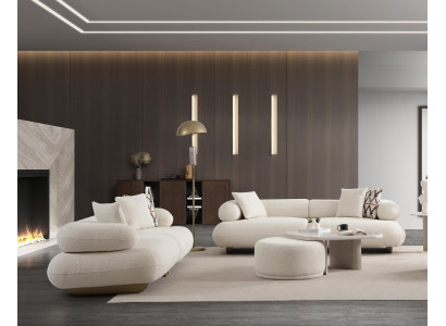 Elegantes Beiges Wohnzimmer Set Stoffsofa Polsterhocker Couchtisch