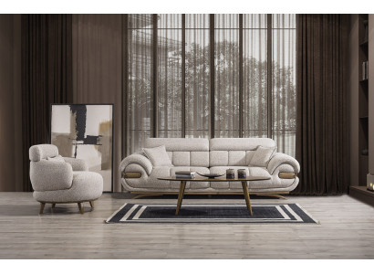 Elegante Wohnzimmer Beige Polstercouch Designer Textilsessel Möbel