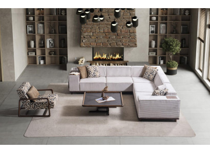 Weiß-Beige Wohnzimmergarnitur Designer Ecksofa Couchtisch Sessel