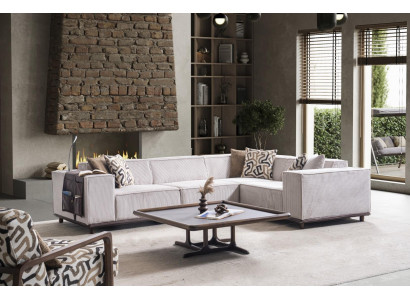 Stilvolle Sitzgarnitur Beiges Ecksofa Designer Glastisch Möbel