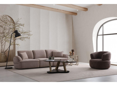 Beige Wohnzimmer Garnitur Designer 4-Sitzer Couchtisch Stoffsessel
