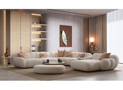 Beiges Wohnzimmer Sitzset Luxuriöses Ecksofa Hocker Beistelltisch