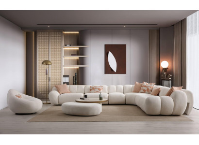 Weißes Wohnzimmer Set Designer Ecksofa Textilsessel Holz Couchtisch