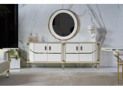 Weißes Sideboard mit Spiegel, 4 Türen, 4 Schubladen, Modern