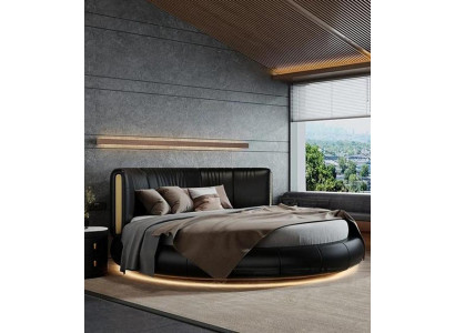 Designer Schwarzes Rundbett Beleuchtungsbett Luxuriöses Textilbett