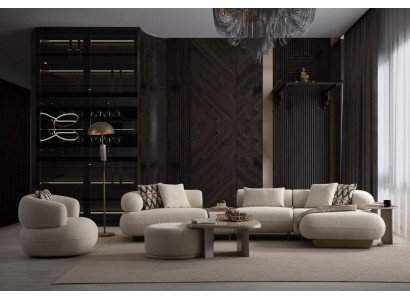 Elegante Couchgarnitur aus Bouclé-Stoff mit Sessel, Pouf und Couchtisch
