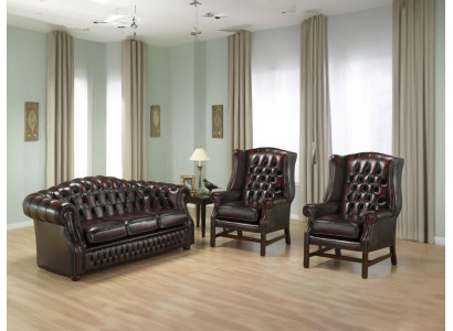 Luxuriöse Chesterfield Sofagarnitur 3-Sitzer 2x Ledersessel