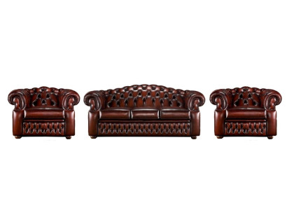 Dunkelbraune Chesterfield Couchgarnitur 3-Sitzer 2x Sessel -3tlg