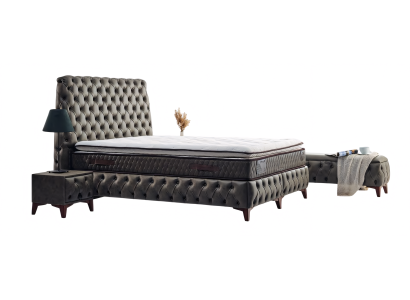 Exquisites Bett im Capitonné-Design mit praktischem Nachttisch im Set