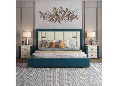 Blau-Beiges Schlafzimmer Bett Designer Polsterbett Edle Textilbetten