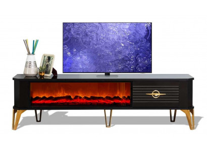 Luxuriöses schwarz-goldenes TV- Schrank mit Kamin