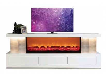 Stilvolles weißes TV-Lowboard mit Kamin, Bluetooth und Schublade