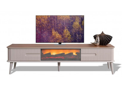 Walnuss-weißes TV-Lowboard mit Kamin und Bluetooth Unterschrank