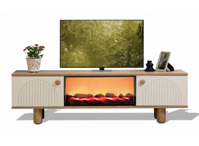 Luxus Beiges Holz TV-Lowboard mit Kamin TV-Möbel
