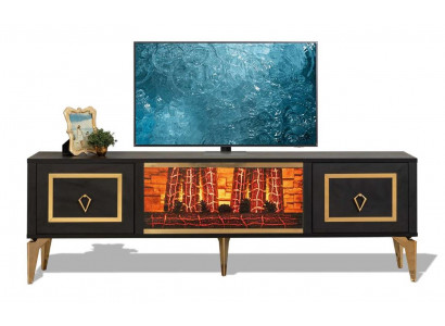 Holz-Fernsehschrank in Schwarz-Gold mit Kamin und Metallgriffen