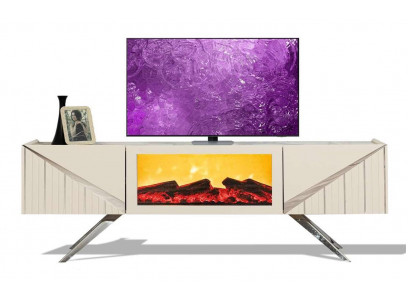 Weißes Holz TV-Lowboard mit Kamin und eleganten Metallfüßen