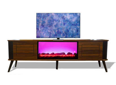 Dunkelbraunes Holz TV-Lowboard mit Kamin und Bluetooth Steuerung