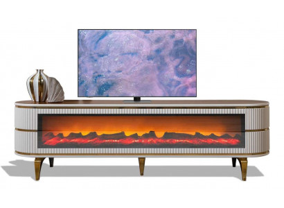 Weiß-brauner TV-Schrank aus Holz mit Kamin für das Wohnzimmer.