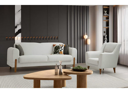 Weiße Wohnzimmer Couchgarnitur Polster 3-Sitzer Textilsessel 2tlg