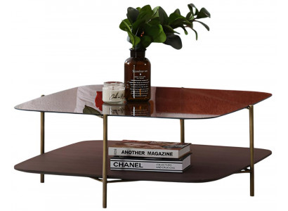 Moderne Braun Couchtisch mit Glasplatte und Holzregal Goldrahmen Möbel