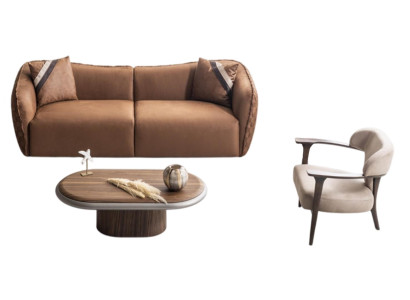 Elegantes Braunes Sofa-Set Moderne Textilcouch Sitzsessel Couchtisch