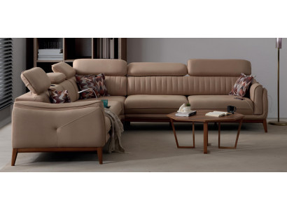 Beiges Polstersofa Designer L-Form Couch Holzfüße Wohnzimmer Sofa