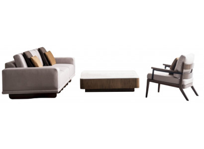 Beige Wohnzimmer Garnitur Relaxsofa Designer Sessel Holztisch 3tlg