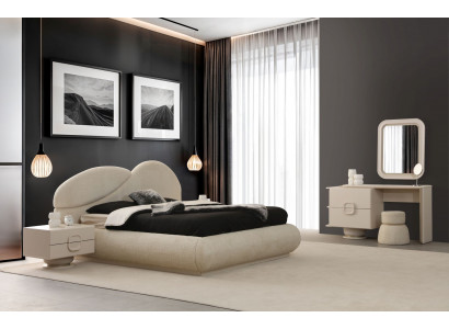 Beige Schlafzimmer Garnitur  Textilbett Schminktisch 2x Nachttische