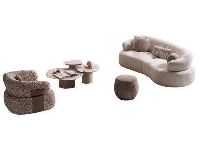 Exklusive Sitzgruppe Beiger 3-Sitzer Textilsessel Couchtisch Hocker