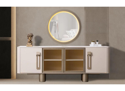 Modernes Sideboard Weiß mit Glasfronten und goldenen Griffen