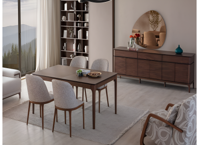 Braun-Beiges Esszimmer-Set Holztisch Designer Lowboard Polsterstühle