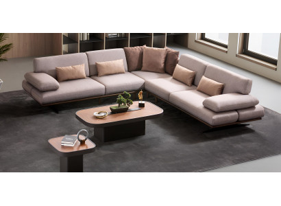Stilvolles Beiges Ecksofa Designer Couchtisch L-Form Holzgestell