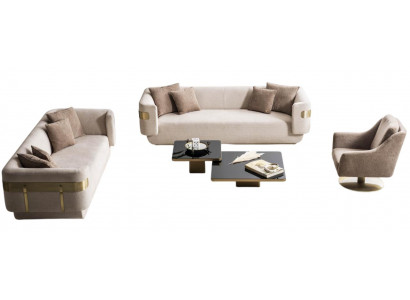 Beige Sofagarnitur Stilvoller 4-Sitzer Holz Couchtisch Goldelemente